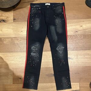 Men's Distressed Black Jeans with Red Stripes